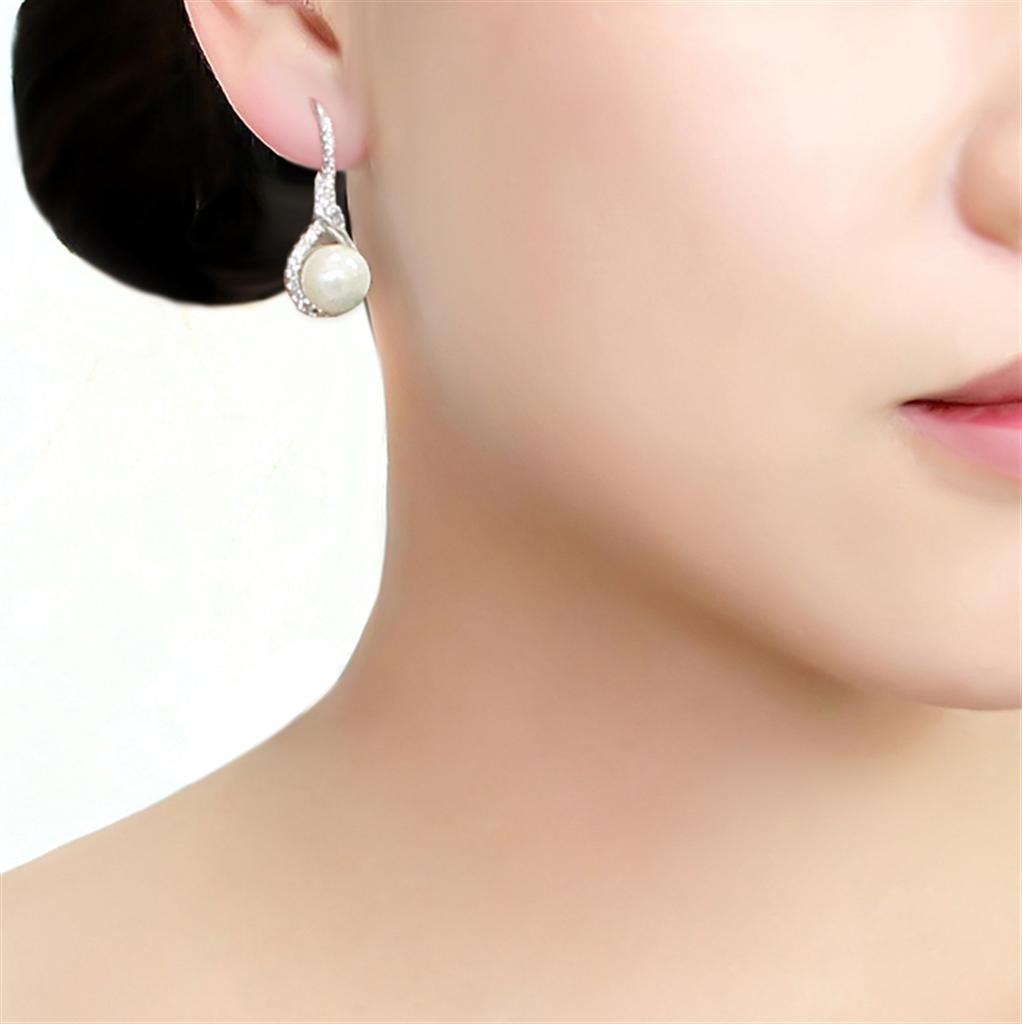 3W1478 - Rhodium Brass Earrings with Synthetic Pearl in White