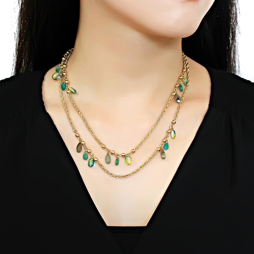 3W1537 - Gold Brass Necklace with Synthetic Jade in Emerald