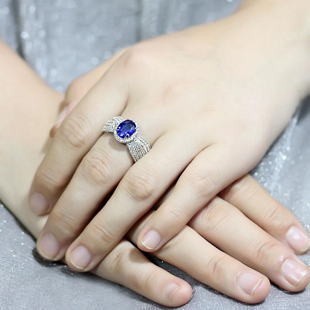 3W1563 - Rhodium Brass Ring with Synthetic Spinel in London Blue