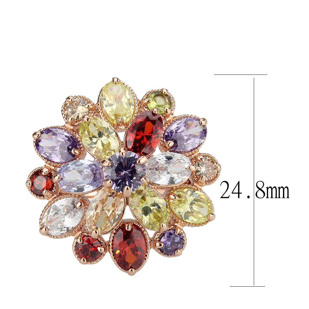 3W1603 - Rose Gold Brass Ring with AAA Grade CZ in MultiColor