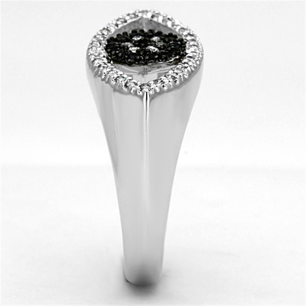 3W470 - Rhodium + Ruthenium Brass Ring with AAA Grade CZ  in Black Diamond