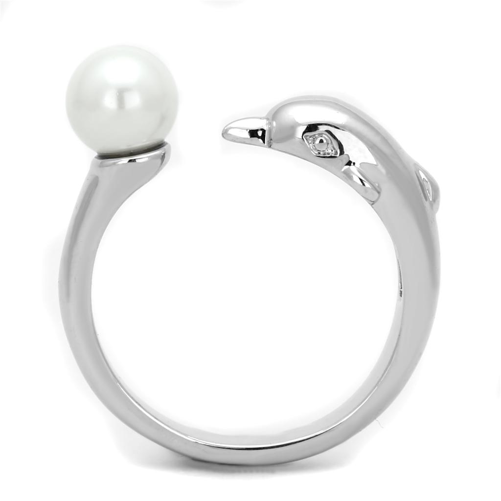 3W587 - Rhodium Brass Ring with Synthetic Pearl in White