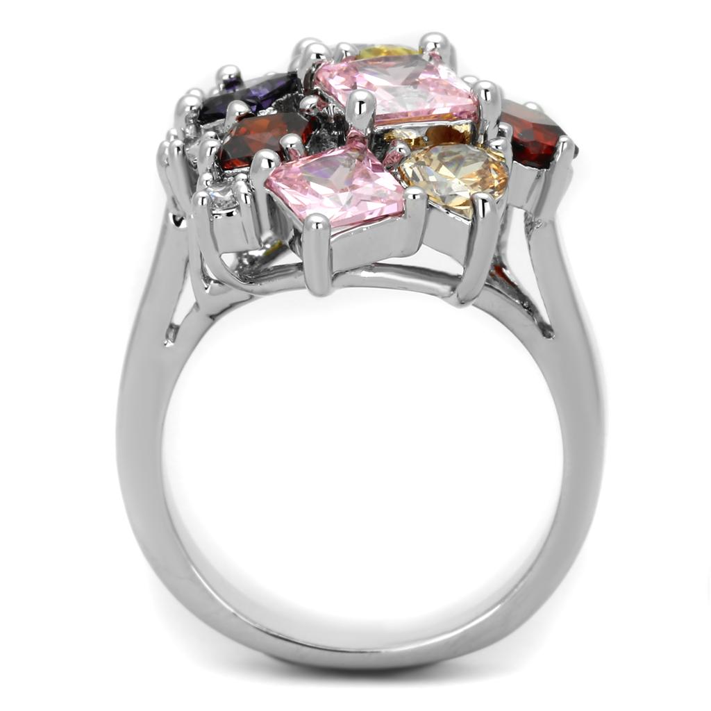 Ela Cocktail Ring - Rhodium Brass, AAA CZ , Multi Color - 3W599