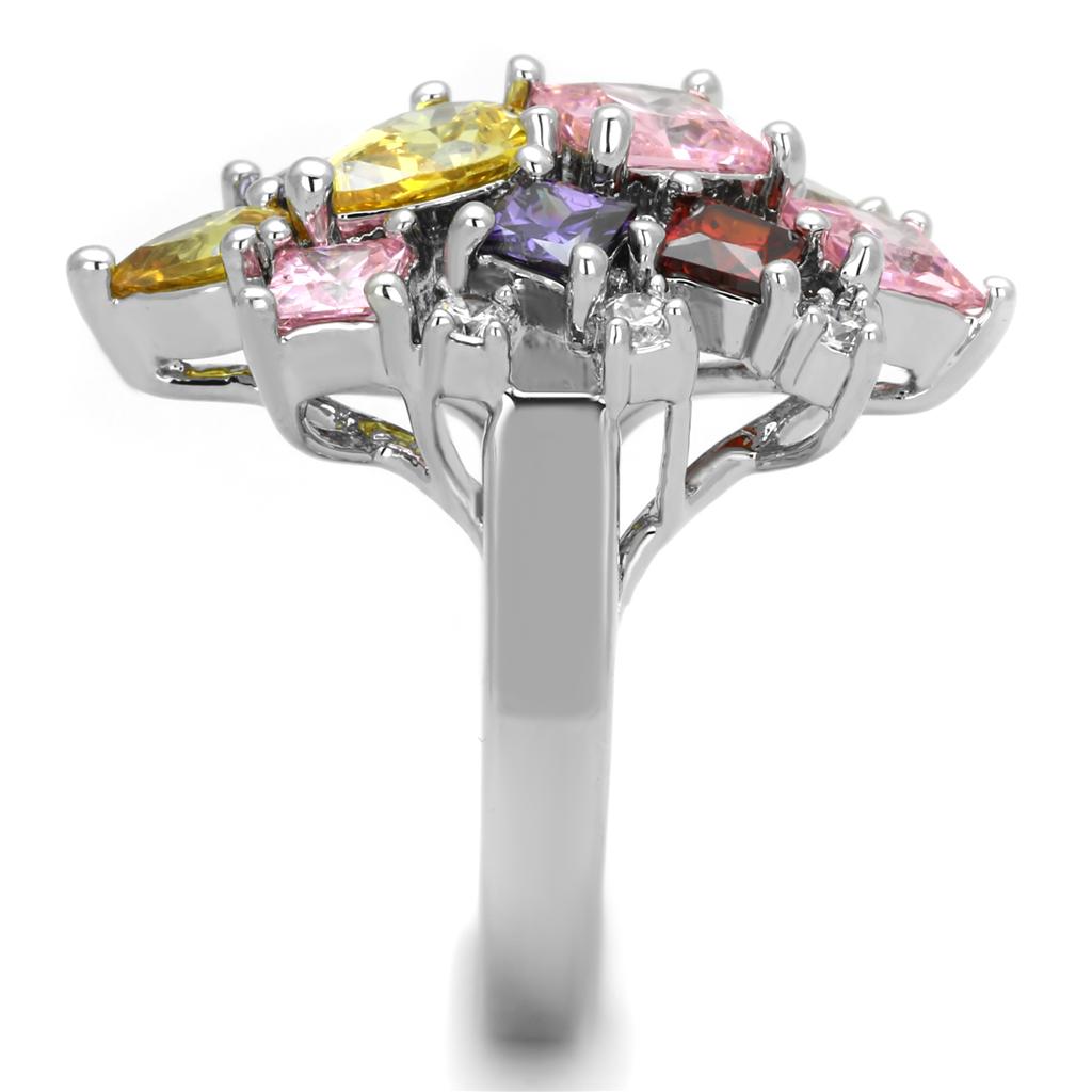 Ela Cocktail Ring - Rhodium Brass, AAA CZ , Multi Color - 3W599