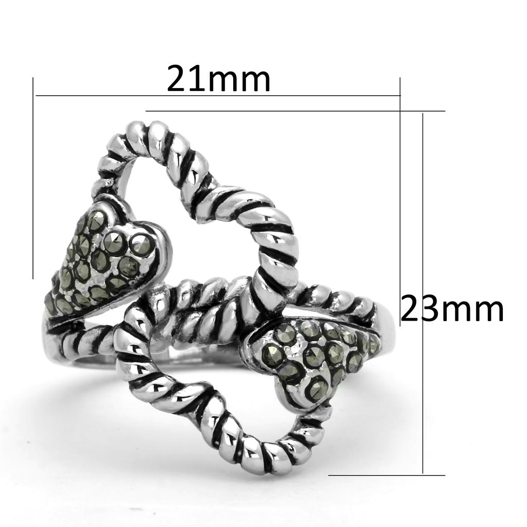 3W608 - Rhodium Brass Ring with Synthetic Marcasite in Black Diamond