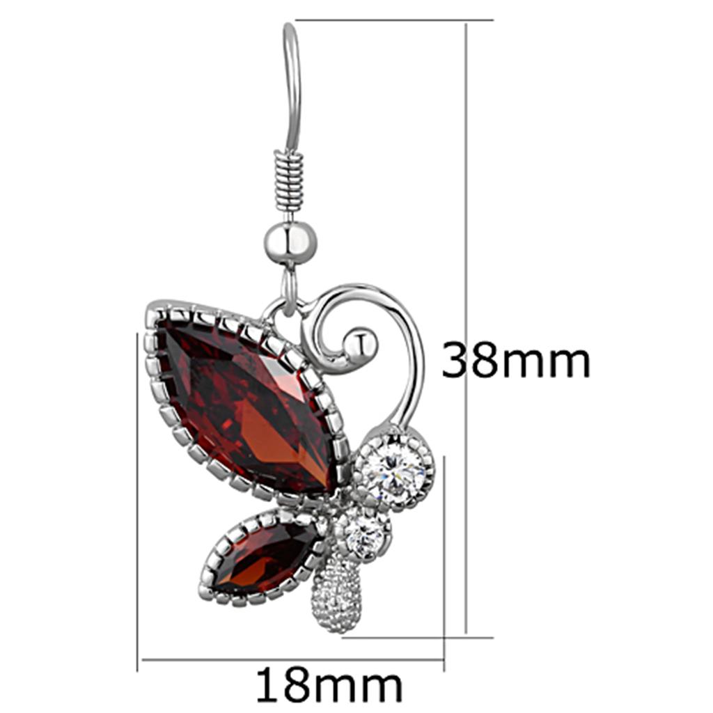 3W613 - Rhodium Brass Earrings with AAA Grade CZ  in Garnet