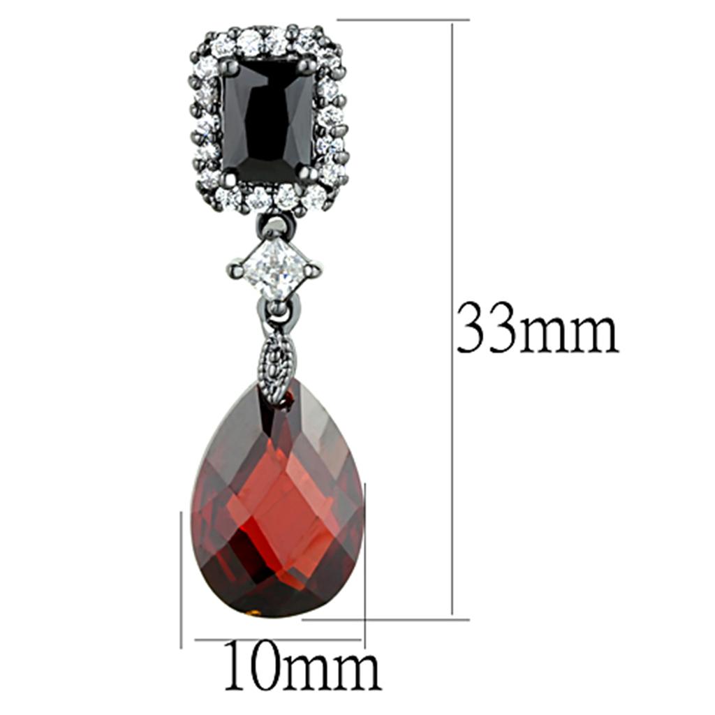 3W704 - Ruthenium Brass Earrings with AAA Grade CZ  in Garnet