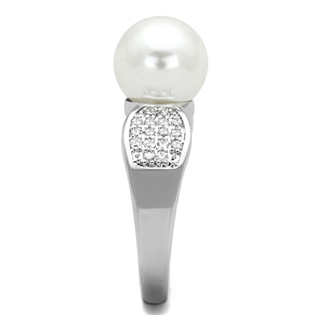 3W761 - Rhodium Brass Ring with Synthetic Pearl in White