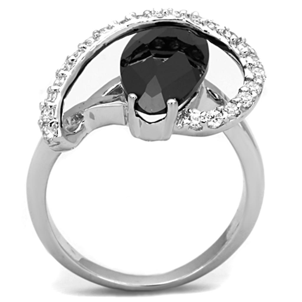 3W800 - Rhodium Brass Ring with AAA Grade CZ  in Jet