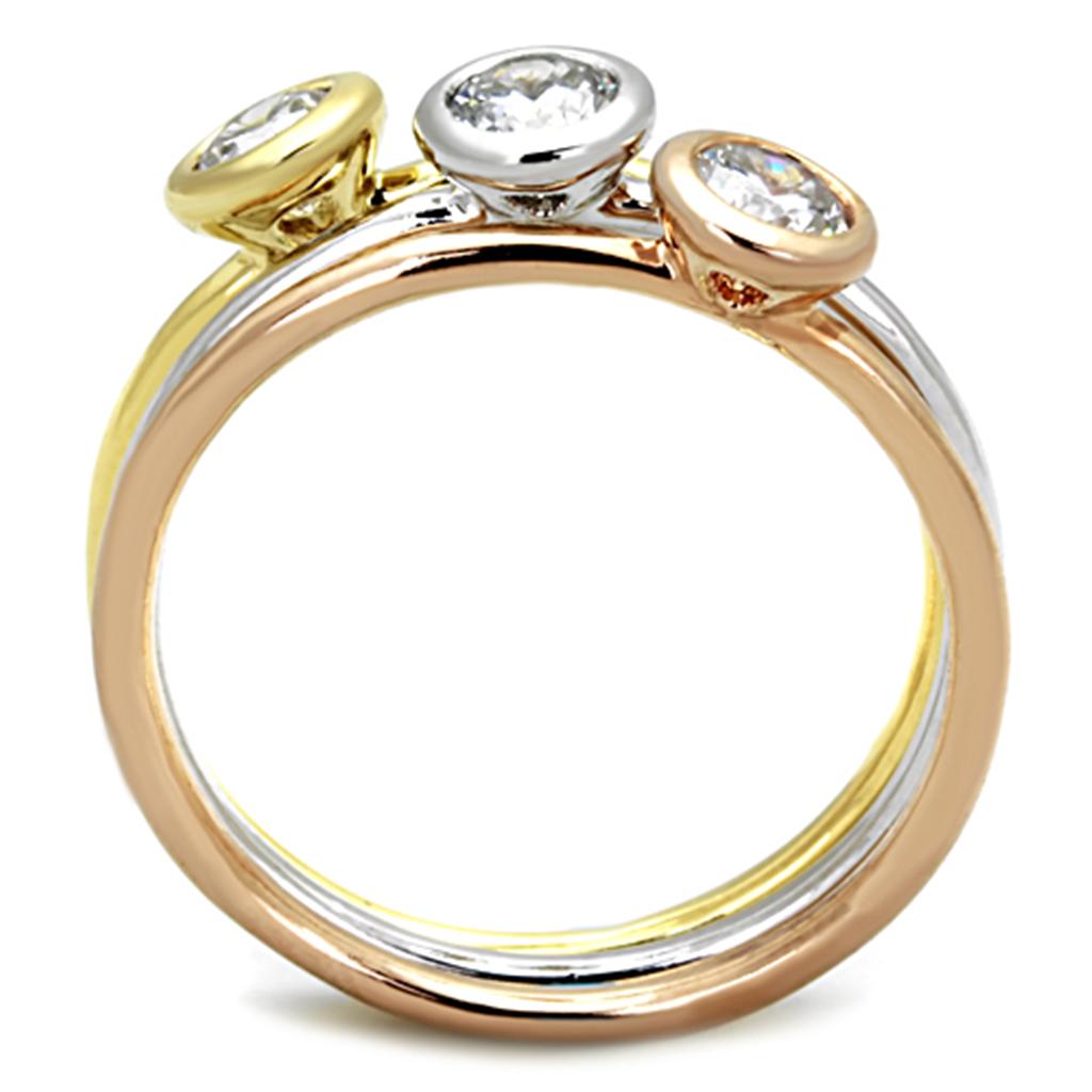 3W804 - Rhodium + Gold + Rose Gold Brass Ring with AAA Grade CZ  in Clear