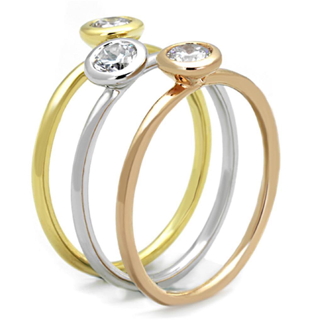 3W804 - Rhodium + Gold + Rose Gold Brass Ring with AAA Grade CZ  in Clear