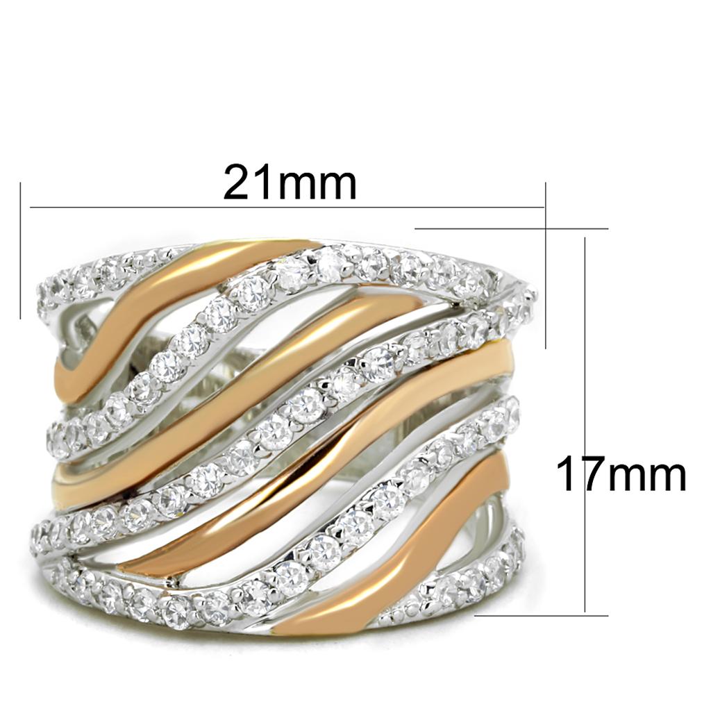 3W857 - Rose Gold + Rhodium Brass Ring with AAA Grade CZ  in Clear