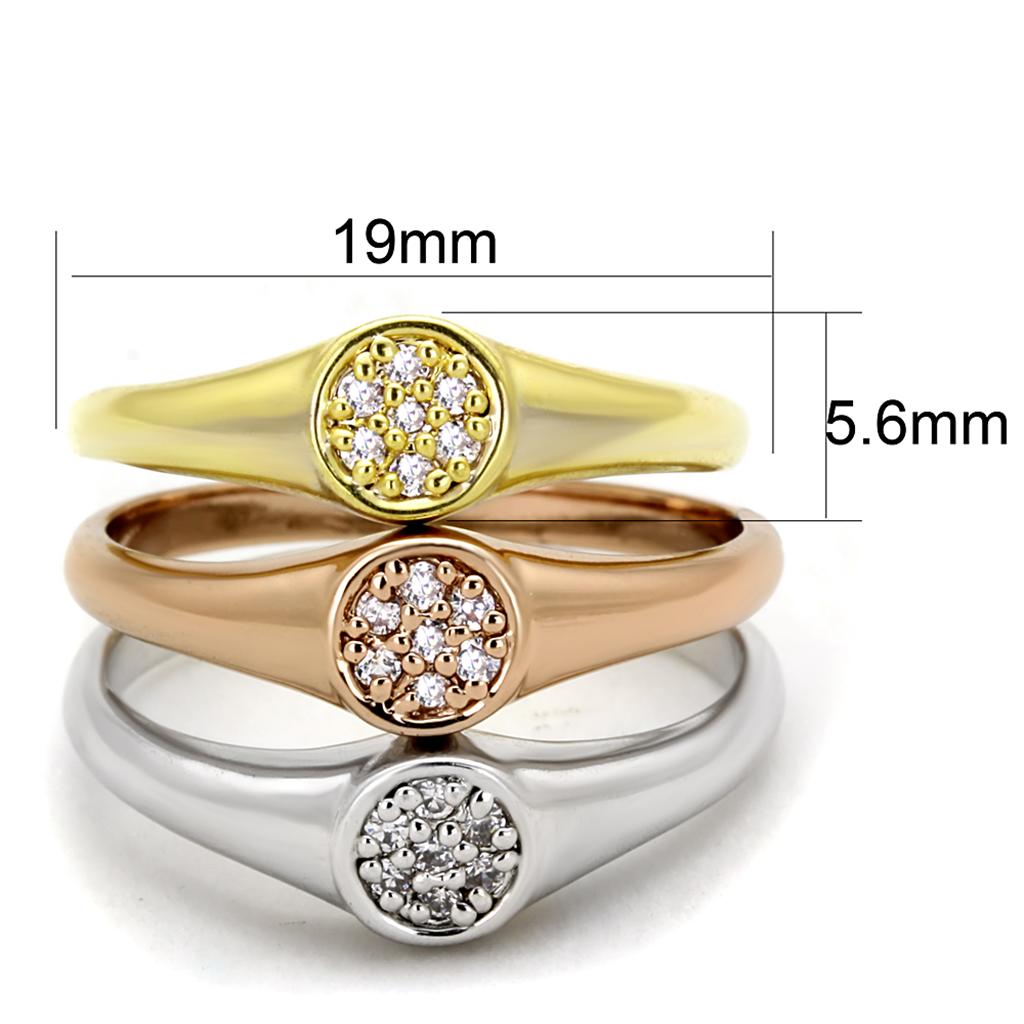 3W862 - Rhodium + Gold + Rose Gold Brass Ring with AAA Grade CZ  in Clear