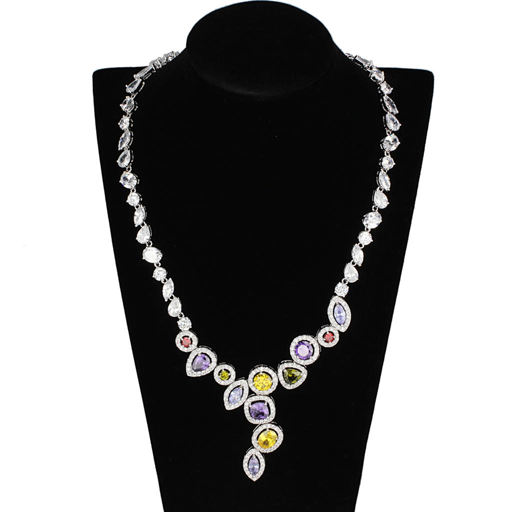 3W930 - Rhodium Brass Jewelry Sets with AAA Grade CZ  in Multi Color