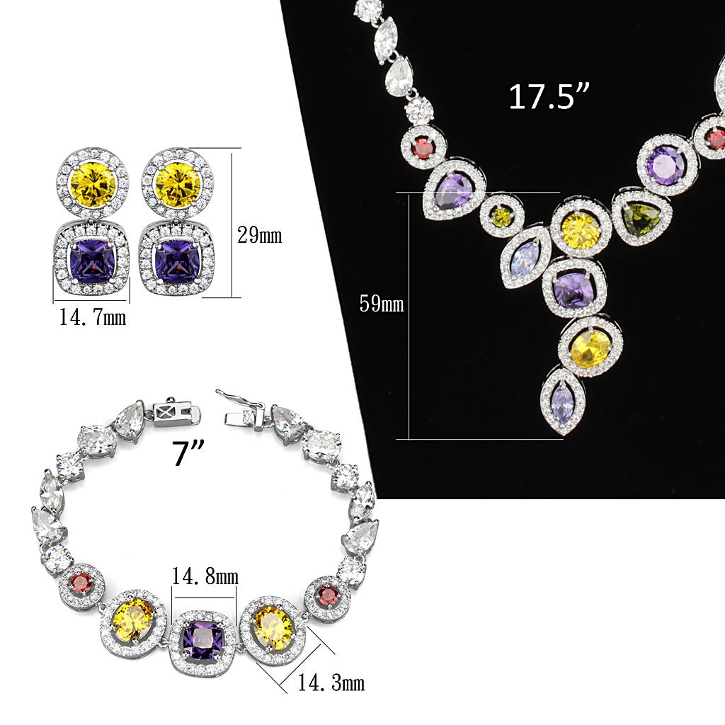 3W930 - Rhodium Brass Jewelry Sets with AAA Grade CZ  in Multi Color