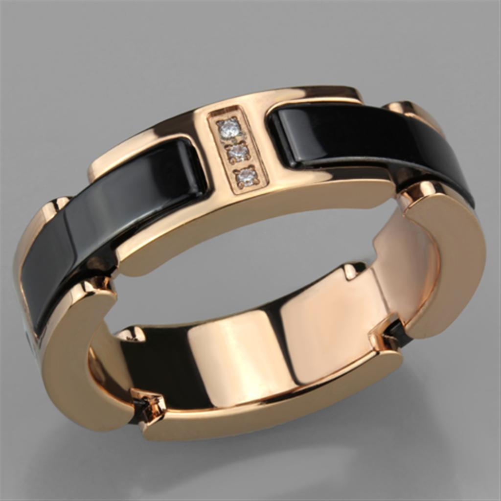 3W964 - IP Rose Gold(Ion Plating) Stainless Steel Ring with Ceramic  in Jet