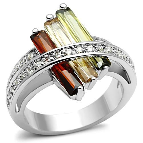 3W025 - Rhodium Brass Ring with AAA Grade CZ  in Multi Color