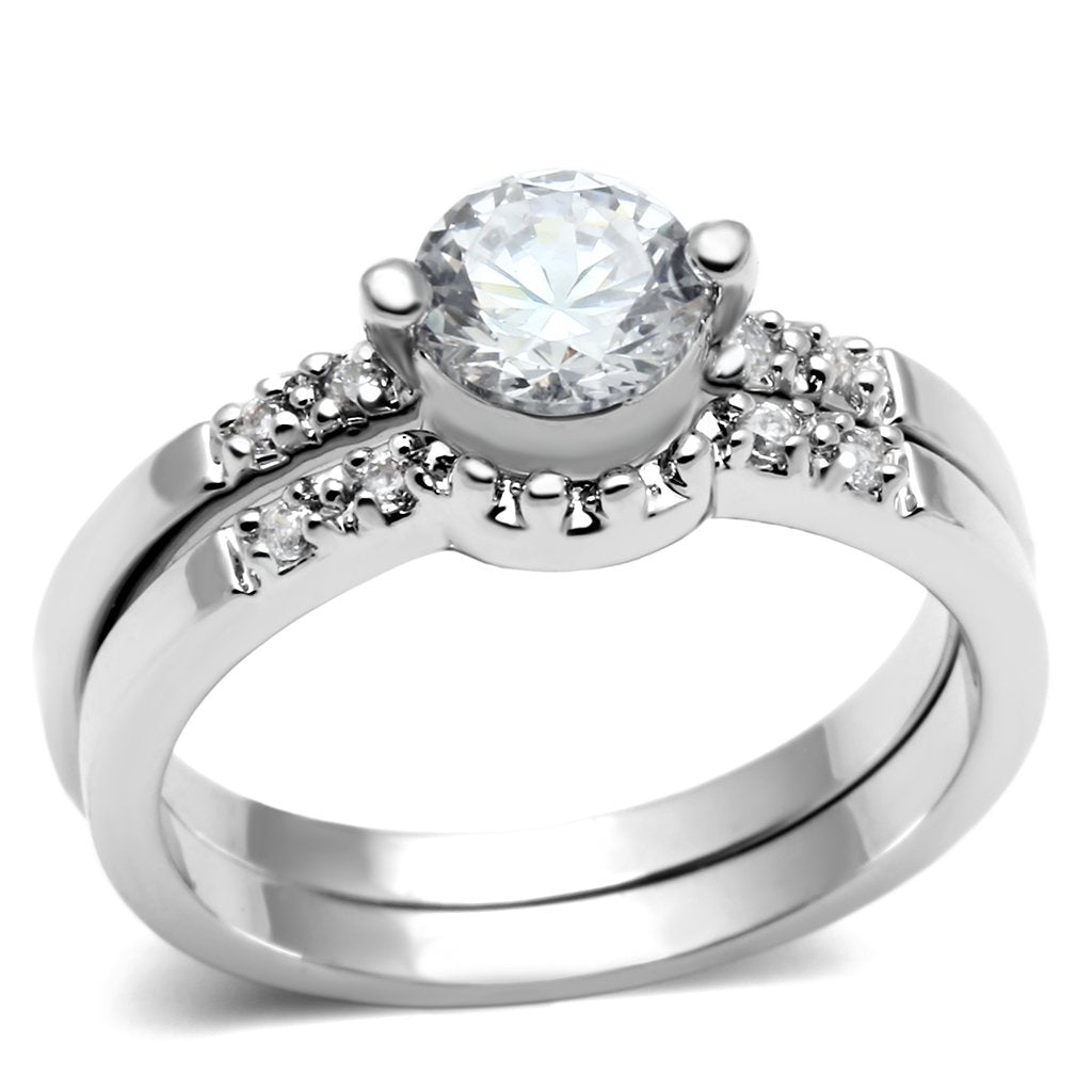 3W044 - Rhodium Brass Ring with AAA Grade CZ  in Clear