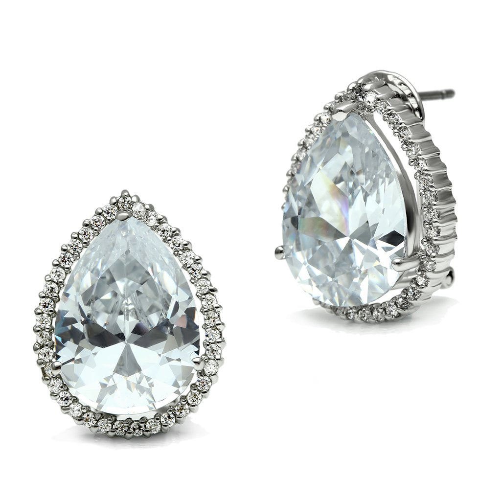 3W080 - Rhodium Brass Earrings with AAA Grade CZ  in Clear