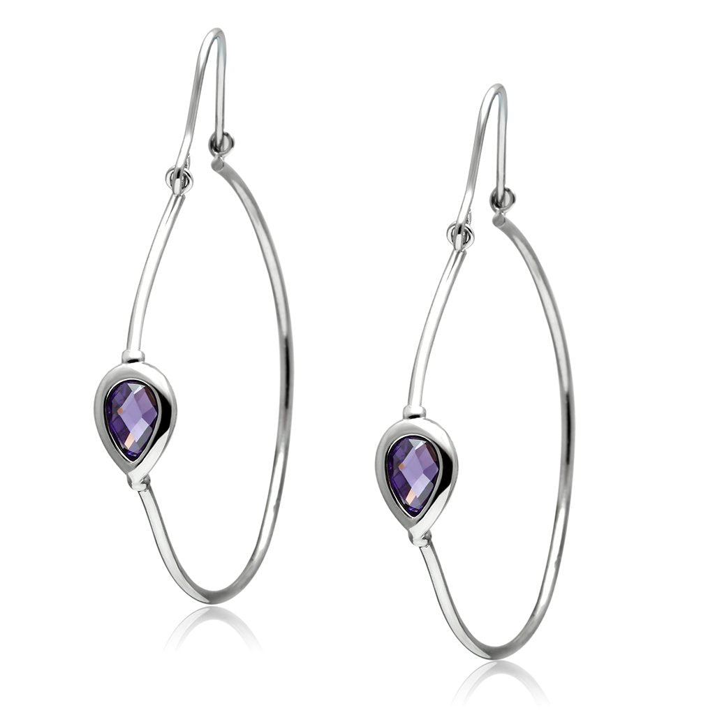 3W099 - Rhodium Brass Earrings with AAA Grade CZ  in Amethyst