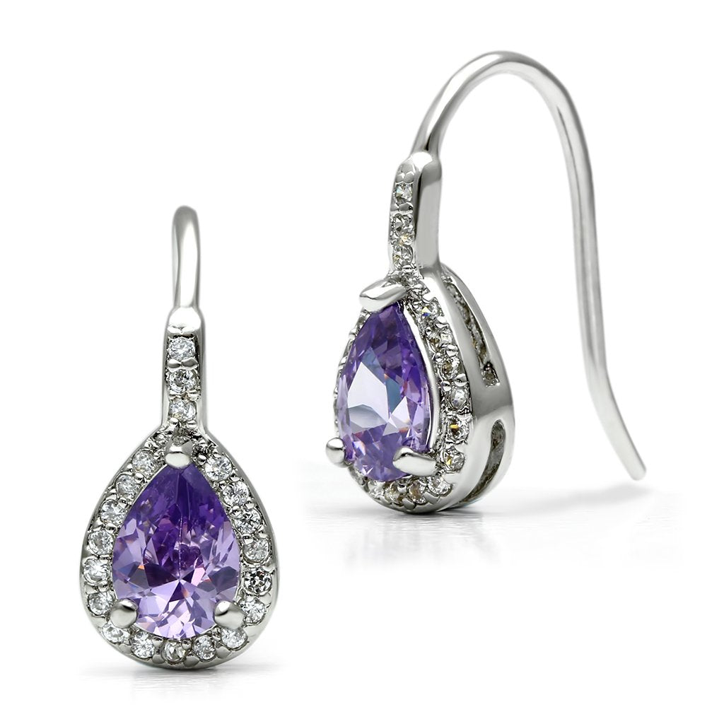 3W100 - Rhodium Brass Earrings with AAA Grade CZ  in Amethyst