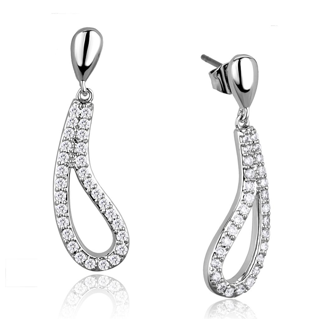 3W1044 - Rhodium Brass Earrings with AAA Grade CZ  in Clear