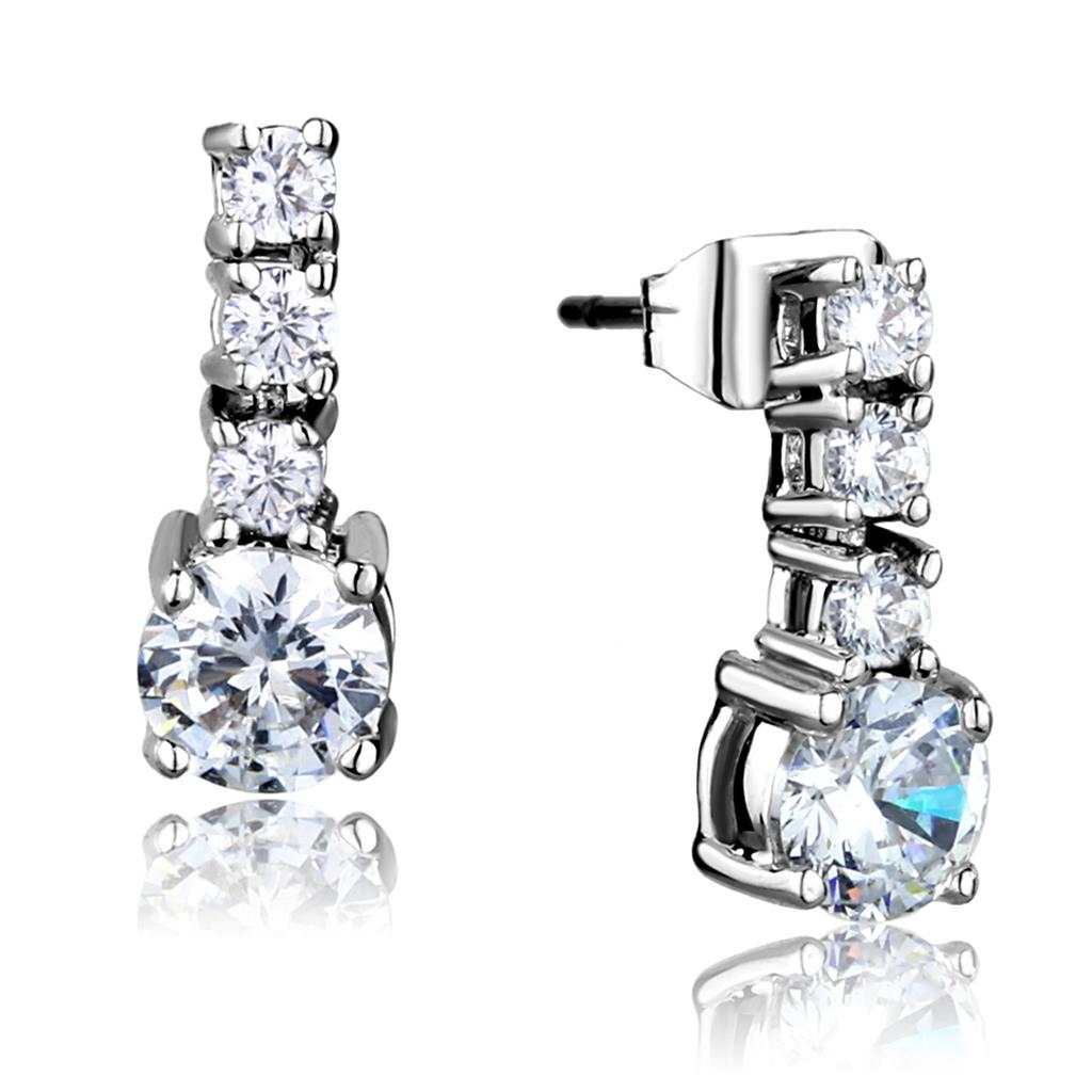 3W1052 - Rhodium Brass Earrings with AAA Grade CZ  in Clear