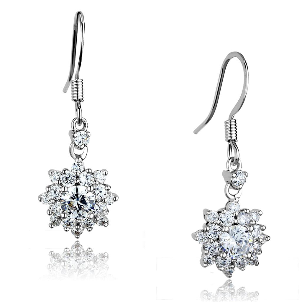 3W1054 - Rhodium Brass Earrings with AAA Grade CZ  in Clear