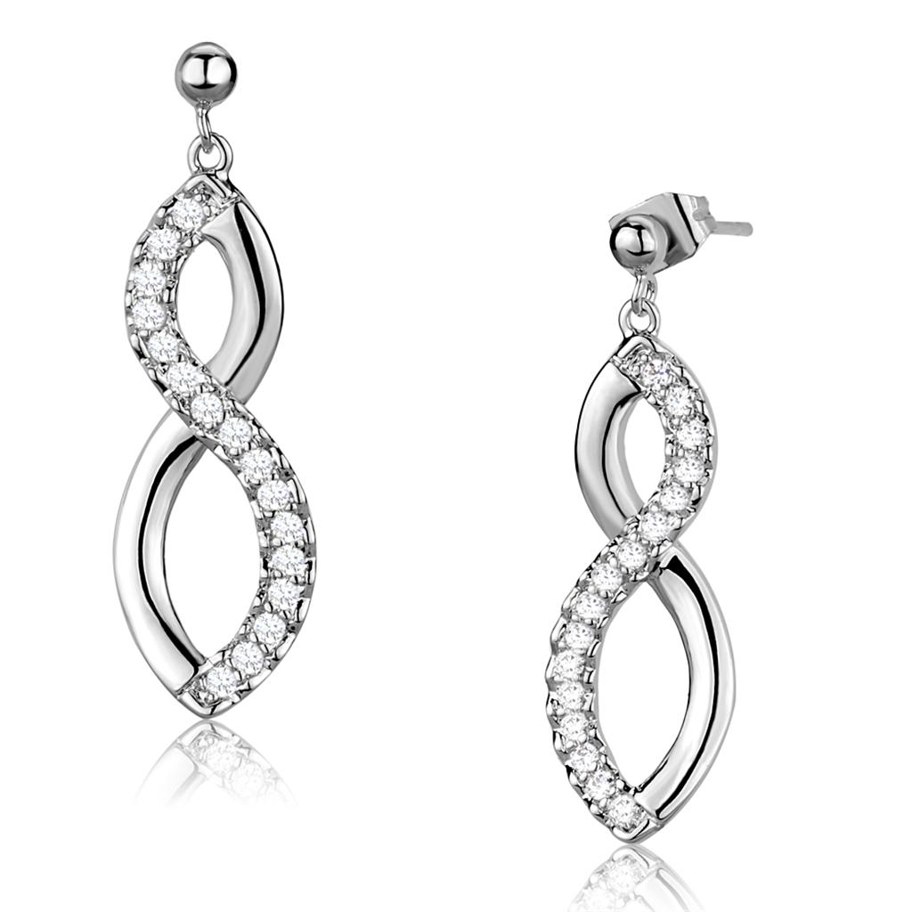 3W1055 - Rhodium Brass Earrings with AAA Grade CZ  in Clear