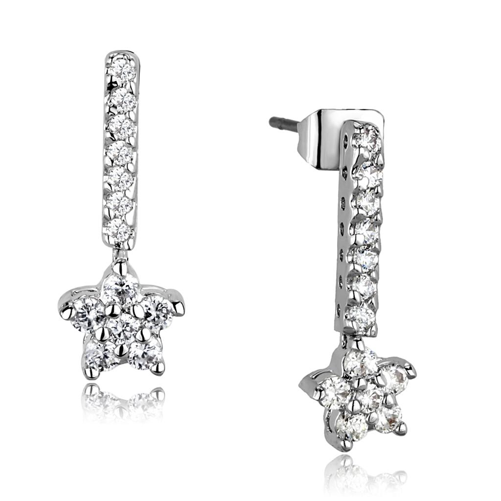 3W1056 - Rhodium Brass Earrings with AAA Grade CZ  in Clear