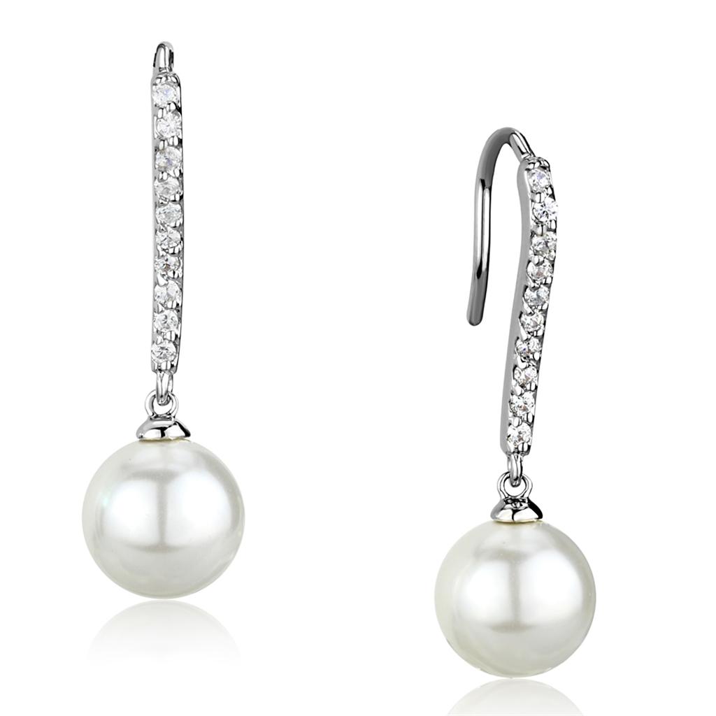 3W1059 - Rhodium Brass Earrings with Synthetic Pearl in White