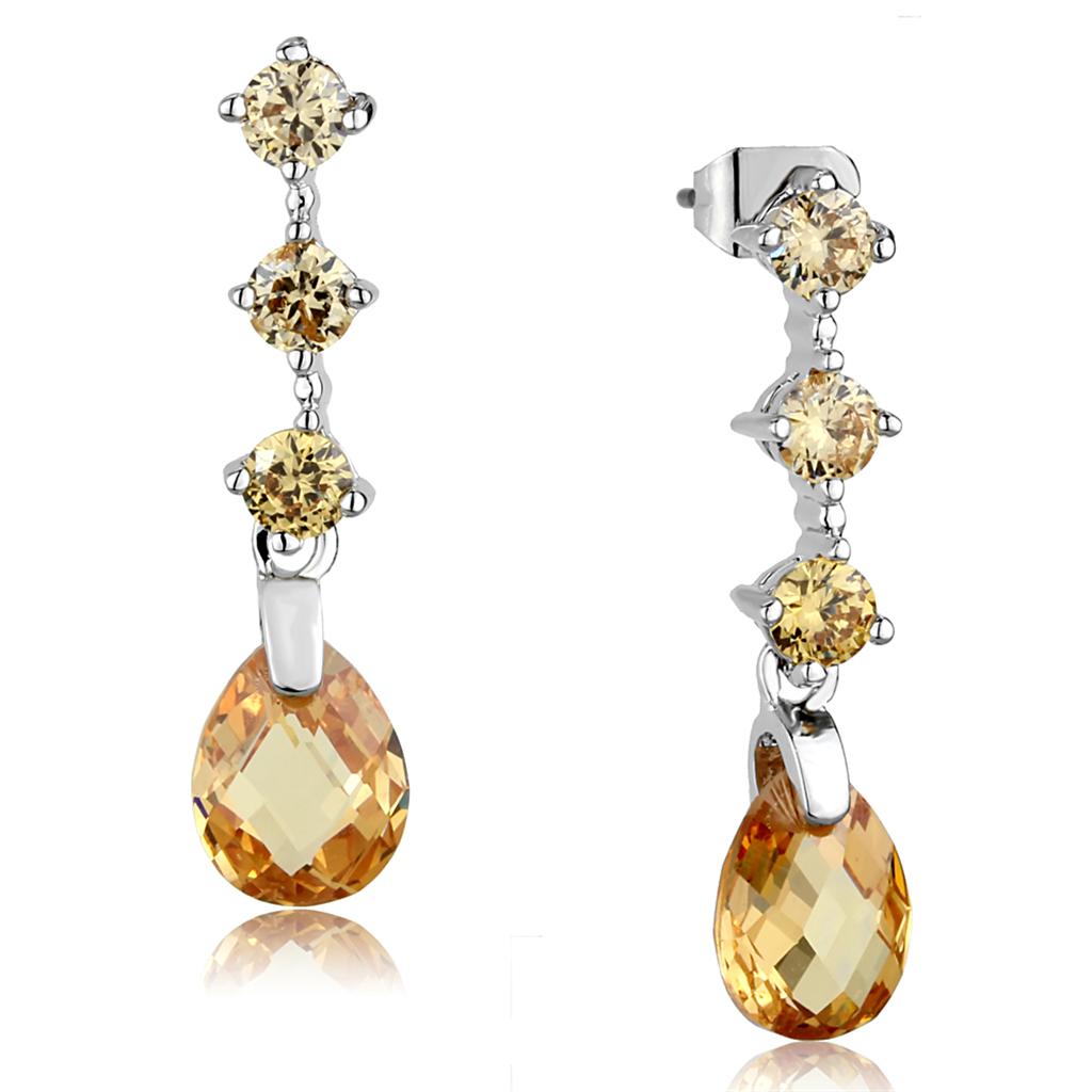 3W1063 - Rhodium Brass Earrings with AAA Grade CZ  in Champagne