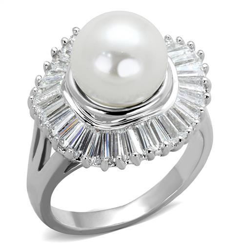 3W1073 - Rhodium Brass Ring with Synthetic Pearl in White