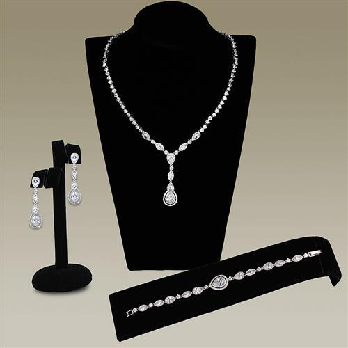 3W1093 - Rhodium Brass Jewelry Sets with AAA Grade CZ  in Clear