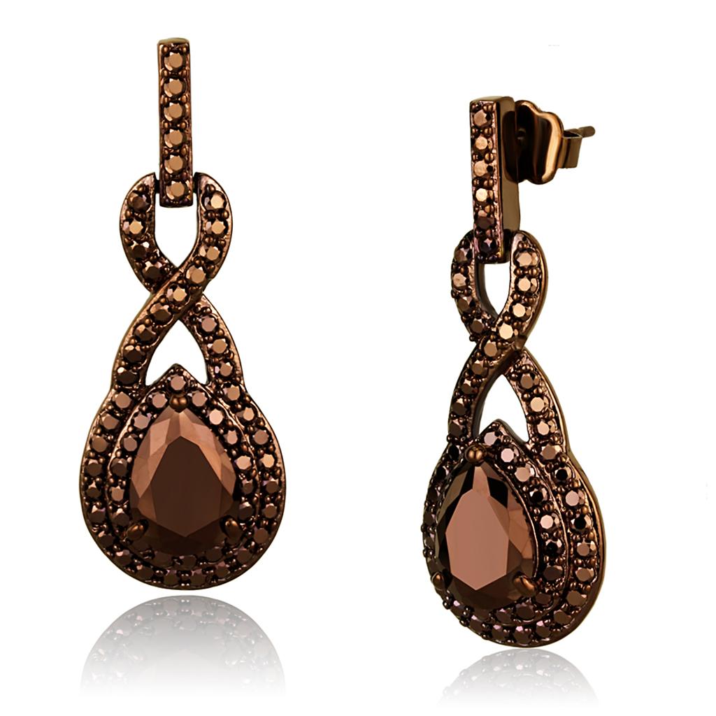 3W1115 - IP Coffee light Brass Earrings with AAA Grade CZ  in Light Coffee