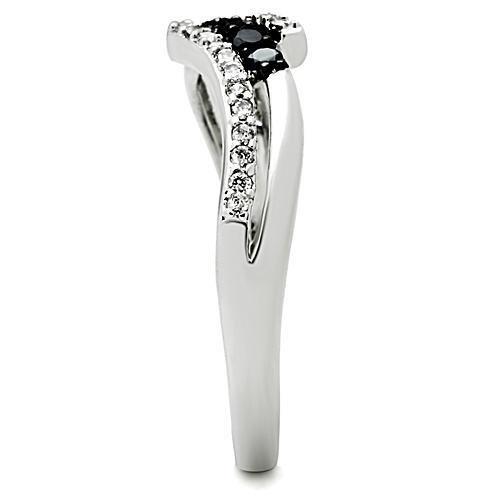 3W122 - Rhodium + Ruthenium Brass Ring with AAA Grade CZ  in Jet