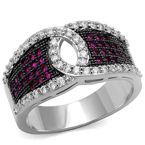 3W1243 - Rhodium + Ruthenium Brass Ring with AAA Grade CZ  in Ruby