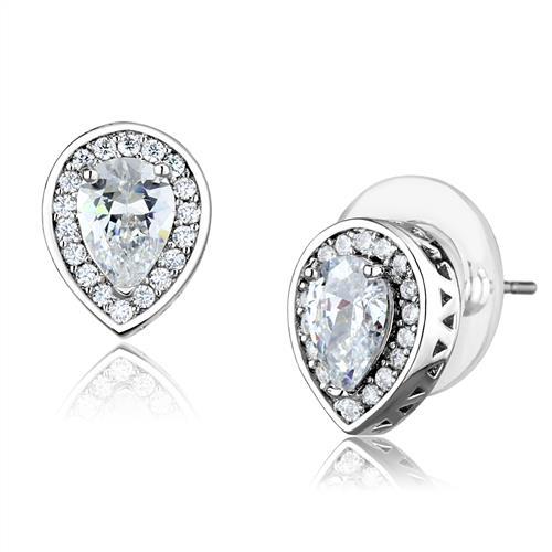 3W1275 - Rhodium Brass Earrings with AAA Grade CZ  in Clear