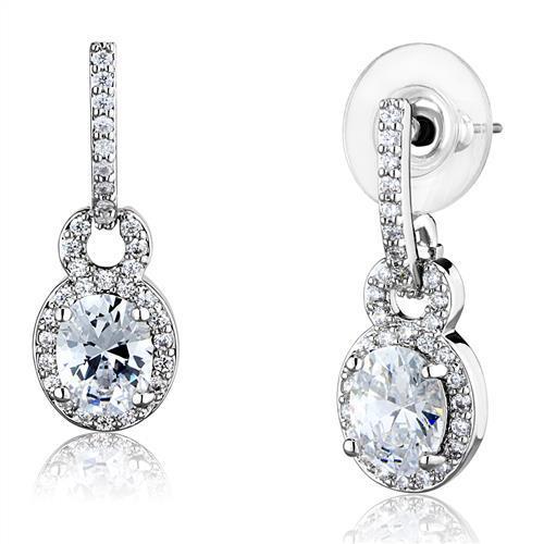 3W1276 - Rhodium Brass Earrings with AAA Grade CZ  in Clear