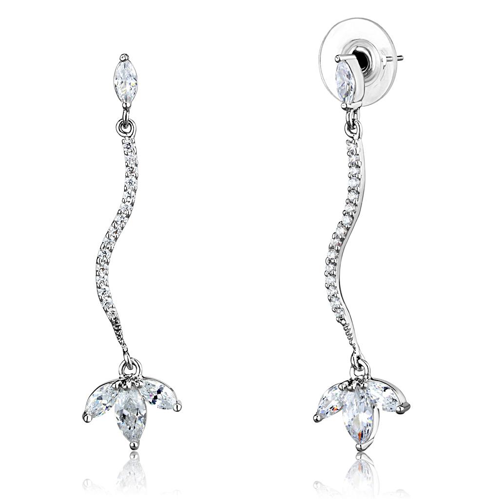 3W1291 - Rhodium Brass Earrings with AAA Grade CZ  in Clear