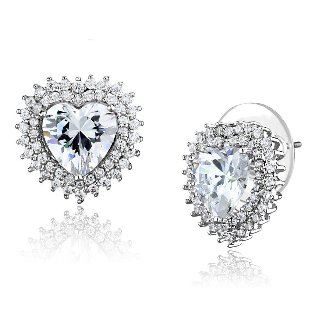 3W1298 - Rhodium Brass Earrings with AAA Grade CZ  in Clear