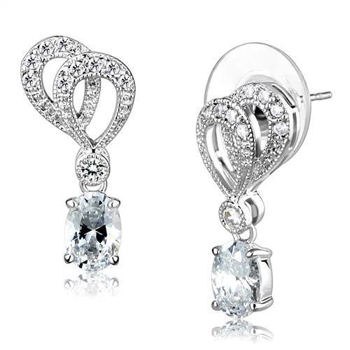 3W1355 - Rhodium Brass Earrings with AAA Grade CZ  in Clear