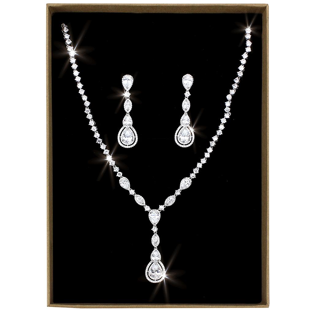 3W1422 - Rhodium Brass Jewelry Sets with AAA Grade CZ  in Clear