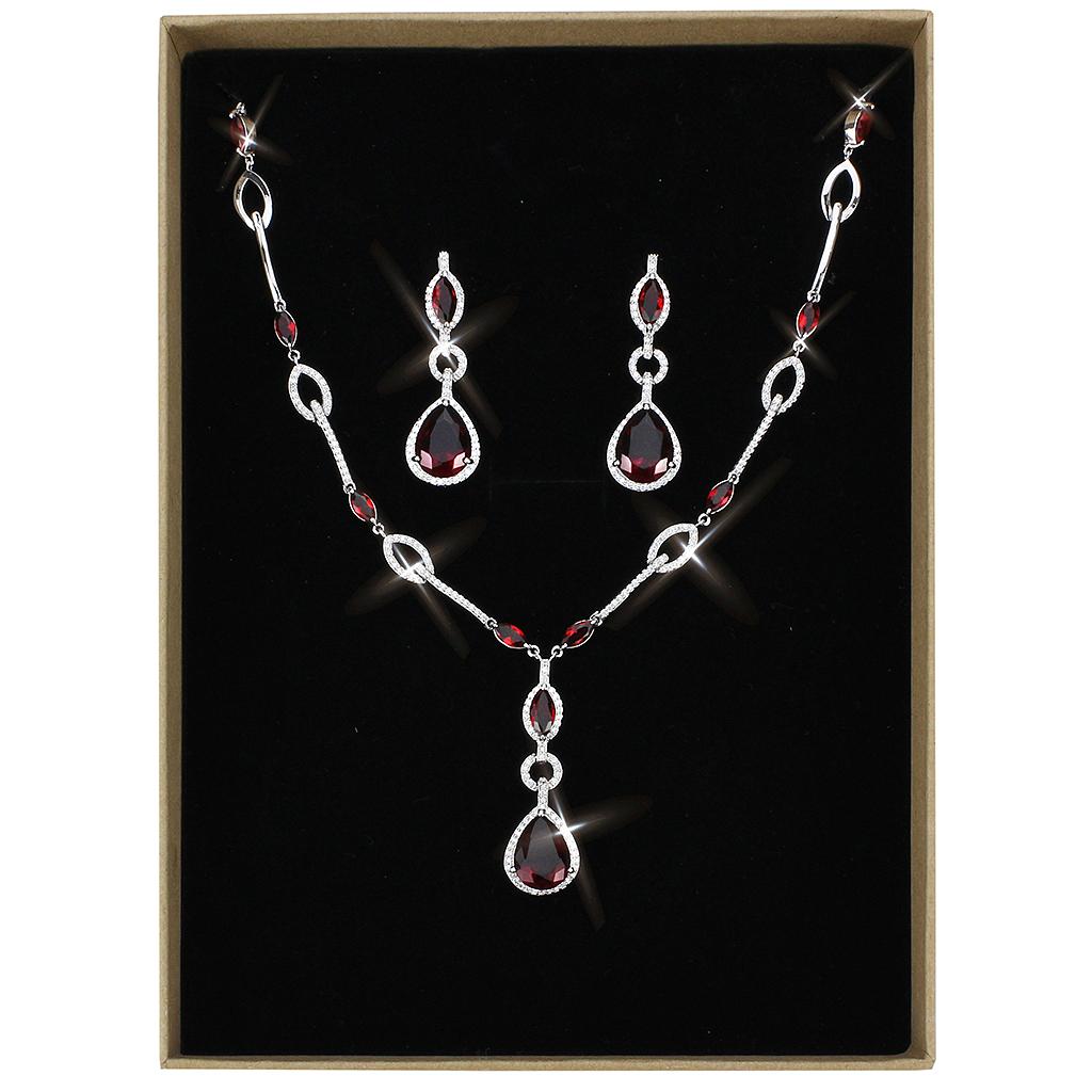 3W1423 - Rhodium Brass Jewelry Sets with Synthetic Synthetic Glass in Garnet