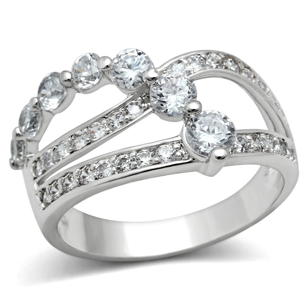 3W142 - Rhodium Brass Ring with AAA Grade CZ  in Clear