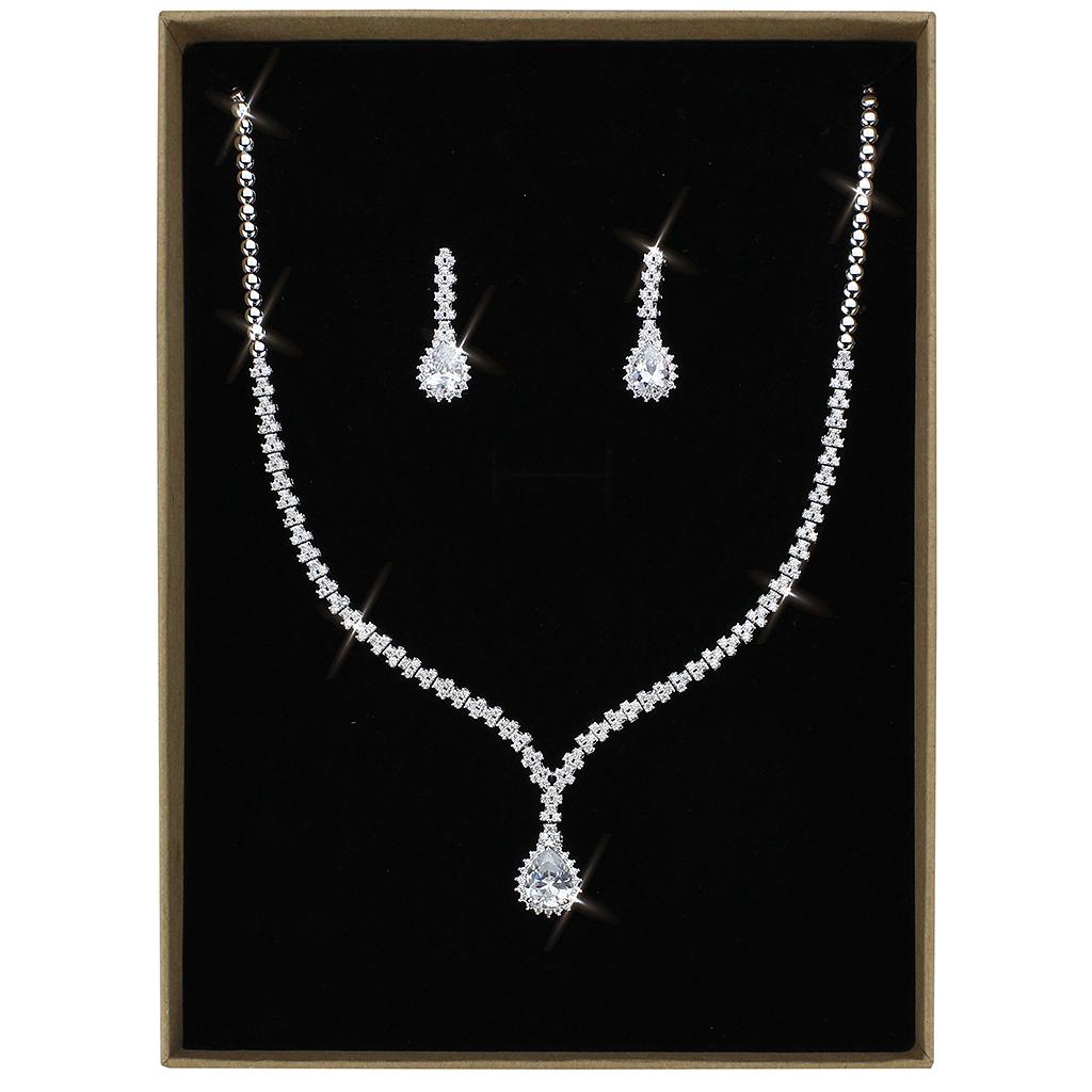 3W1430 - Rhodium Brass Jewelry Sets with AAA Grade CZ  in Clear