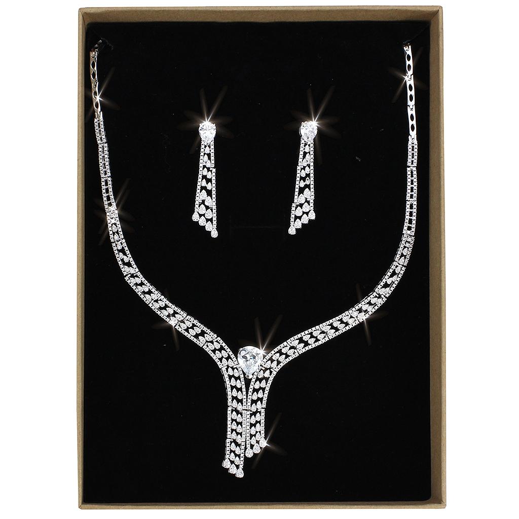 3W1434 - Rhodium Brass Jewelry Sets with AAA Grade CZ  in Clear