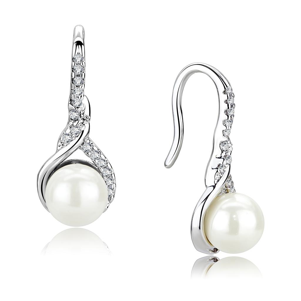 3W1478 - Rhodium Brass Earrings with Synthetic Pearl in White