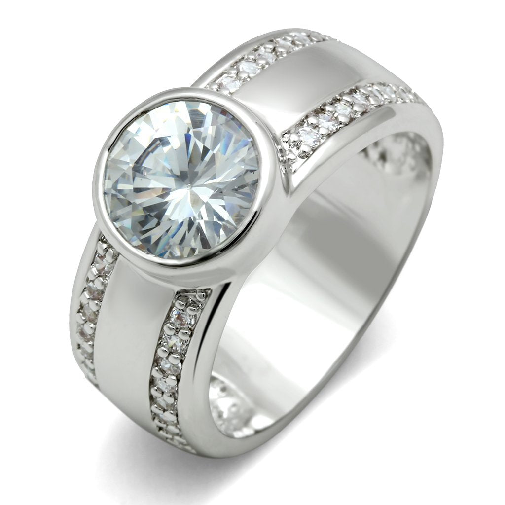 3W147 - Rhodium Brass Ring with AAA Grade CZ  in Clear