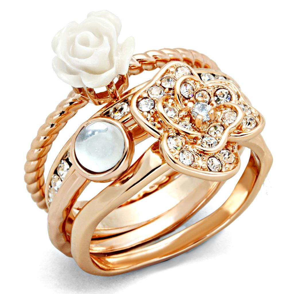 3W1490 - Rose Gold Brass Ring with Synthetic Synthetic Stone in White